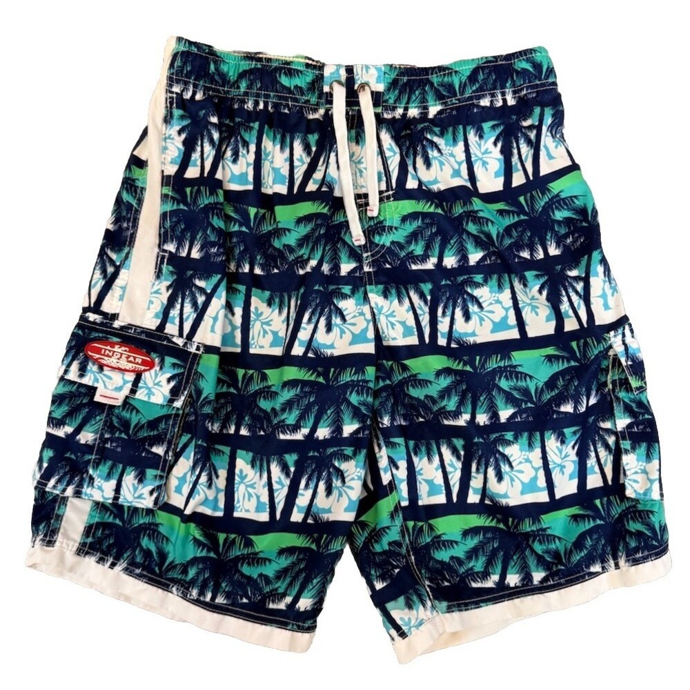 Ingear Swim Trunk Shorts Mens Large Black White Green Mesh Lined Elastic Waist